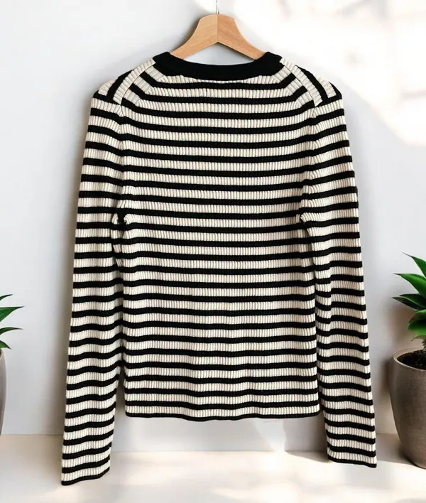 GAP Brooklyn Rib Knit Striped Crew Sweater - Black/Ivory/Gold - Image 6