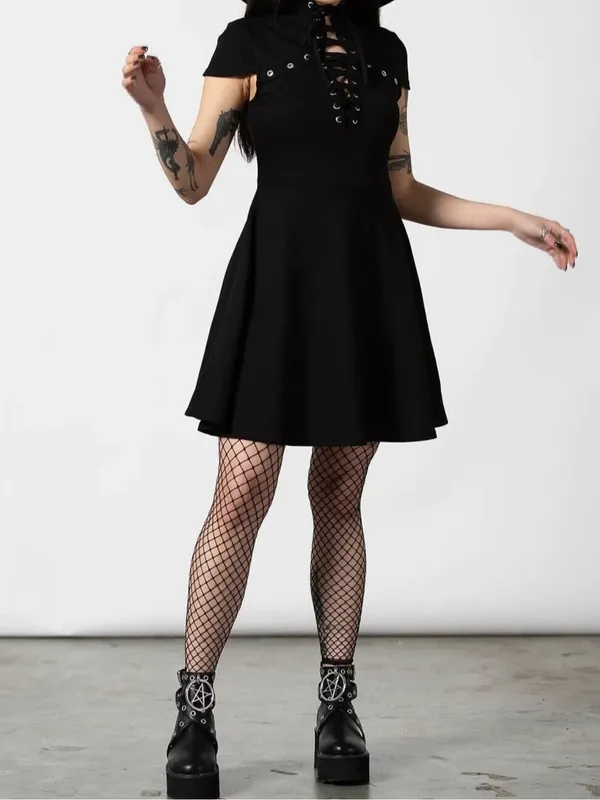 Killstar Tied Up Skater Dress Black Metal Detail Goth Alternative Emo M - Image 2