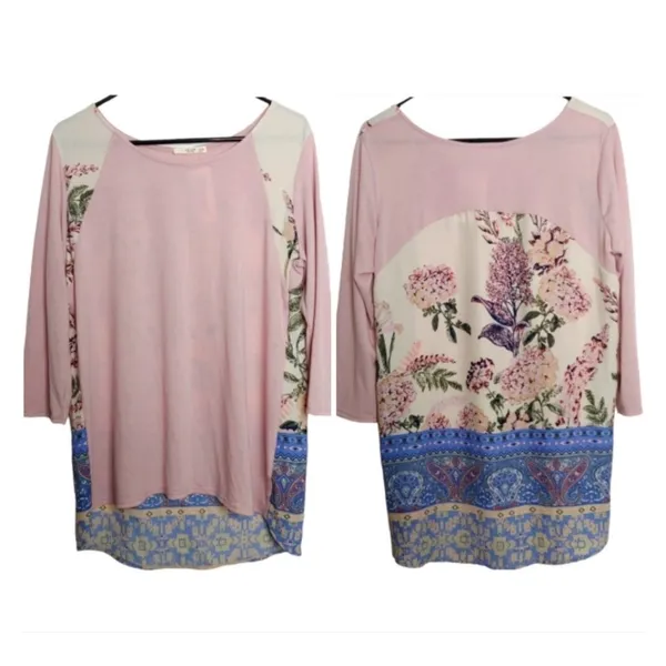 Womens Floral Paisley‎ Tunic Top L 3/4 Sleeve Pink Mixed Media Le Lis Spring NWT - Image 2