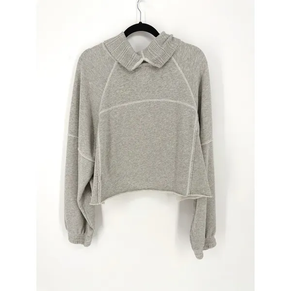Aerie Women Large Grey Cowl Neck Cropped Sweatshirt Pullover Exposed Seam Fleece - Image 3