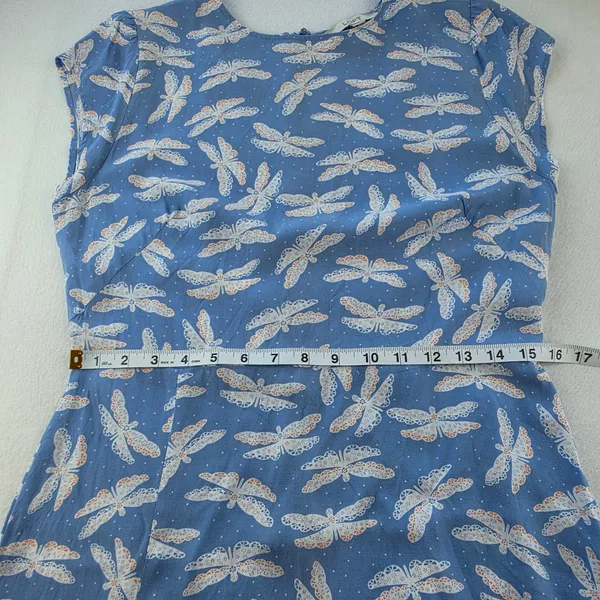 LOFT Light Blue Dragonfly Print Midi Dress Cap Sleeve Side Slit Size 10 - Image 9