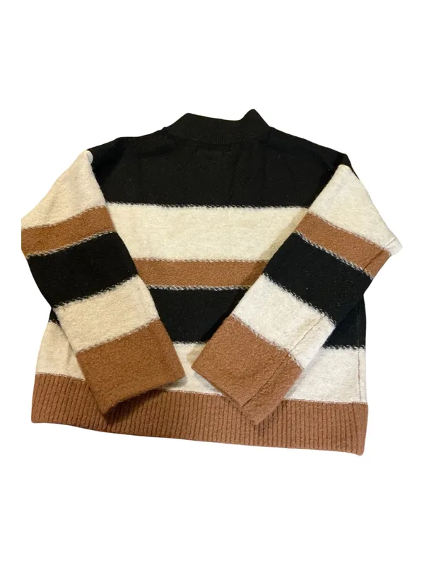 Universal Threads women’s mock-neck (or turtleneck) knit pullover sweater featuring wide color-block/striped horizontal panels in black, off-white/cream, and rust brown. - Image 2
