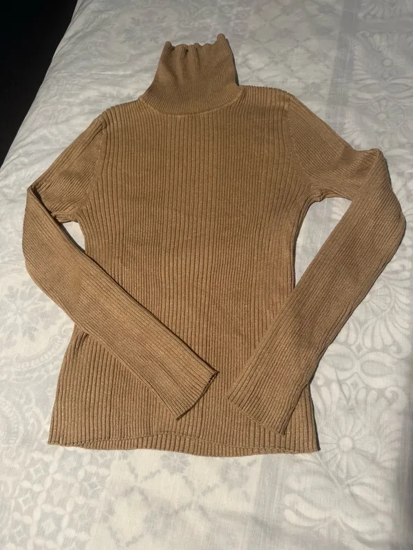 Hooked Up by IOT Ribbed Turtleneck Sweater in Camel Brown - Image 2