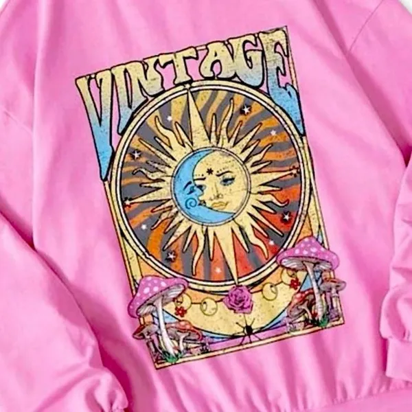 Pink Colorful Boho Retro Chic Celestial Sun Moon Mushroom Graphic Sweatshirt - Image 2