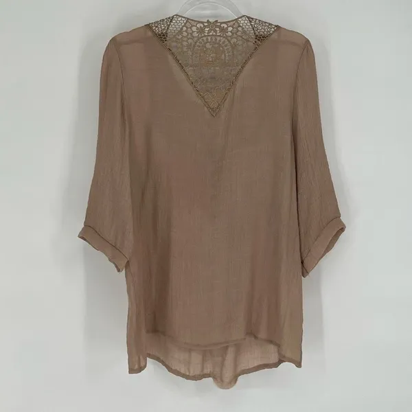 MAD STYLE Womens Boho Blouse Large Brown Crochet Lace Sheer Peasant Top Festival - Image 6