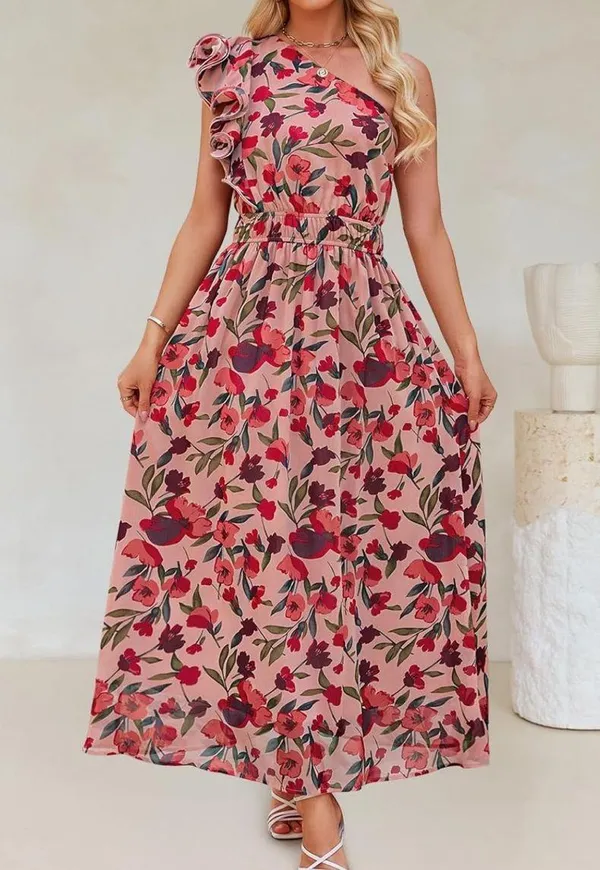 Maxi Ruffle One Shoulder Dress Pink Size M - Image 3