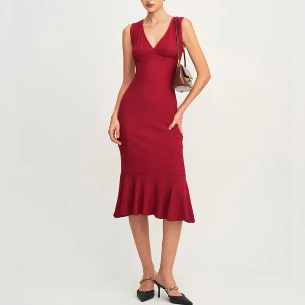 Rihoas Red V Neck A-Line Midi Dress - Image 5