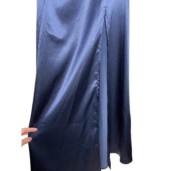 Lulus Pure Happiness Navy Blue Dress Size Small Satin Off-the-Shoulder Long New - Image 5