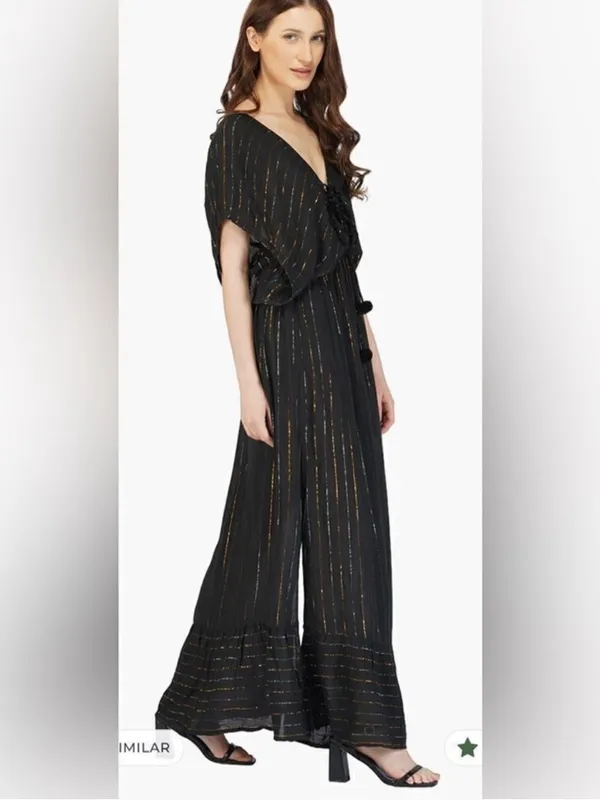 Black Maxi Dress with Gold Metallic Stripe and Side Slit - Image 2