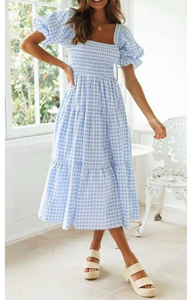 NEW Plaid Square Neck Puff Sleeve Ruffle Flowy Beach Midi Dress XL - Image 5