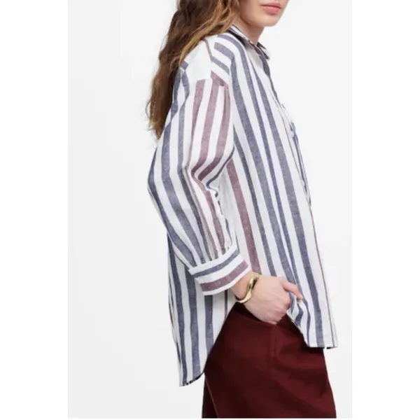 MADEWELL Striped Button-Up Shirt in Linen-Cotton Womens S Shirred 3/4 Sleeves - Image 6