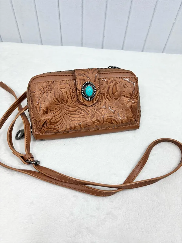 LAVAWA Tooled Brown Leather Crossbody Wallet with Turquoise Accent - Image 5