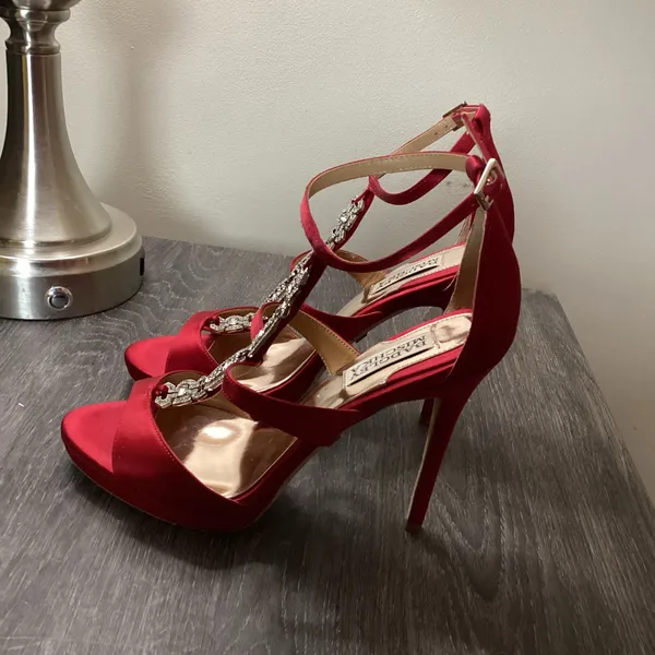 Badgley Mischka Red Satin Crystal Embellished Stiletto Heels Size 8 - Image 5
