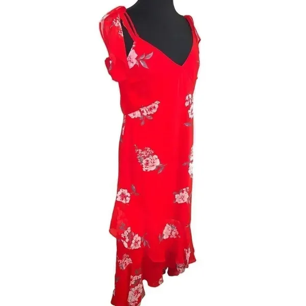 Speechless Red Floral A-Line V-Neck Short Sleeve Flutter Hem Midi Dress Size L - Image 3