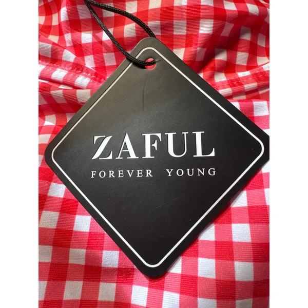 Zaful‎ Red Gingham Tankini Set Tie Shoulder Lace Up Back Swimsuit US 8 New - Image 4