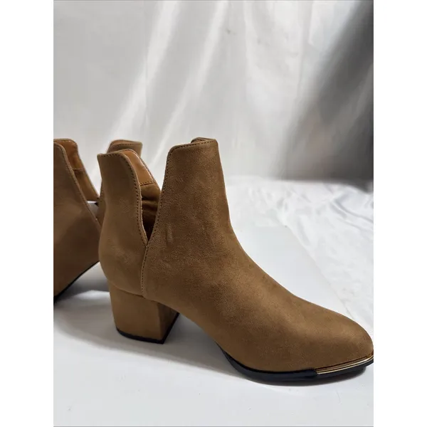 Brown Suede Ankle Boots Womems 5.5M Rubber Sole Dress Shoes Slip On 2” Heel New - Image 4