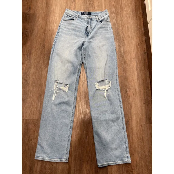 Hollister Ultra High-Rise Dad Jean Light Wash Distressed Blue Denim 7L W28 L33 - Image 2