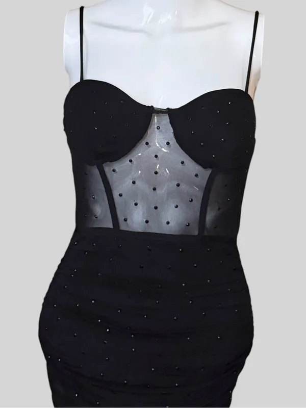Black Sheer Mesh Bodice Ruched Mini Dress - Image 2