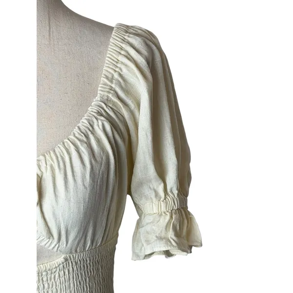 Sabo Mini Dress Women XS Ivory Linen Blend Smocked Puff Sleeve Boho Peasant - Image 6
