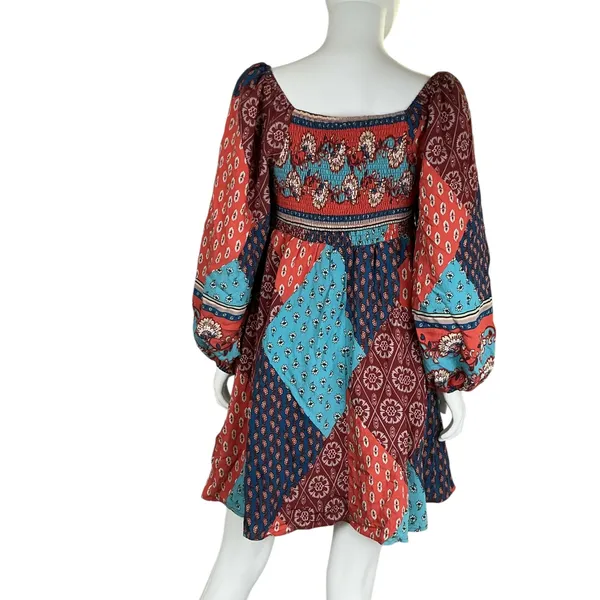 Merci Patchwork Square Neck Long Sleeve Mini Dress Blue Orange‎ M - Image 5
