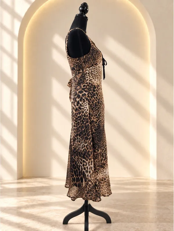 Haute Monde Maxi Dress Leopard Print V-Neck Lace Trim Tie Back Size S Brown - Image 5