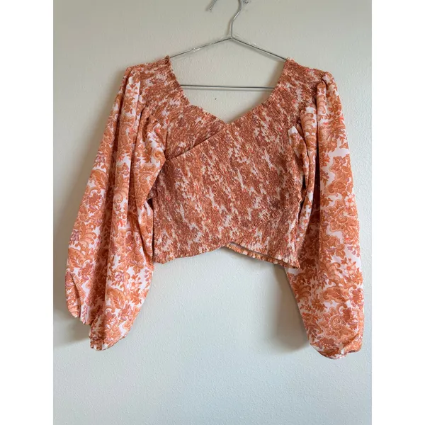 Flying Tomato Crop Top Womens Large Orange‎ Paisley Smocked Balloon Sleeve - Image 5