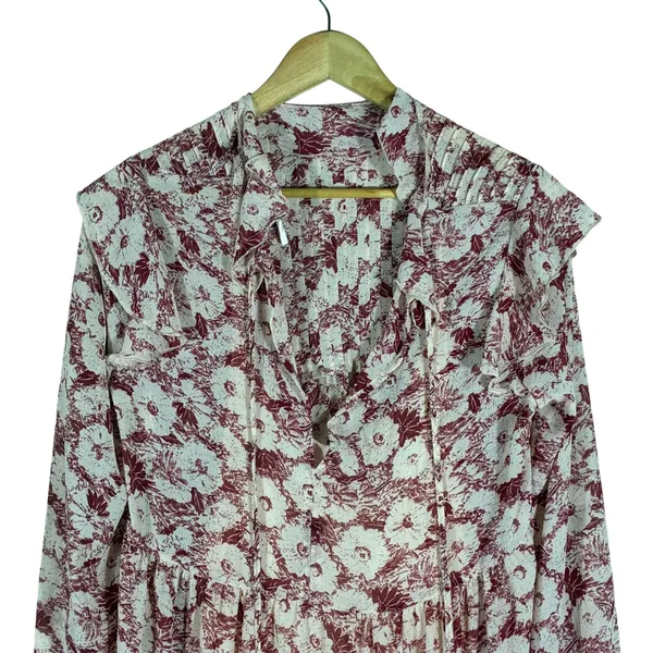 Free People Floral Babydoll Ruffle Mini Dress Burgundy Boho Pintuck Size S - Image 4