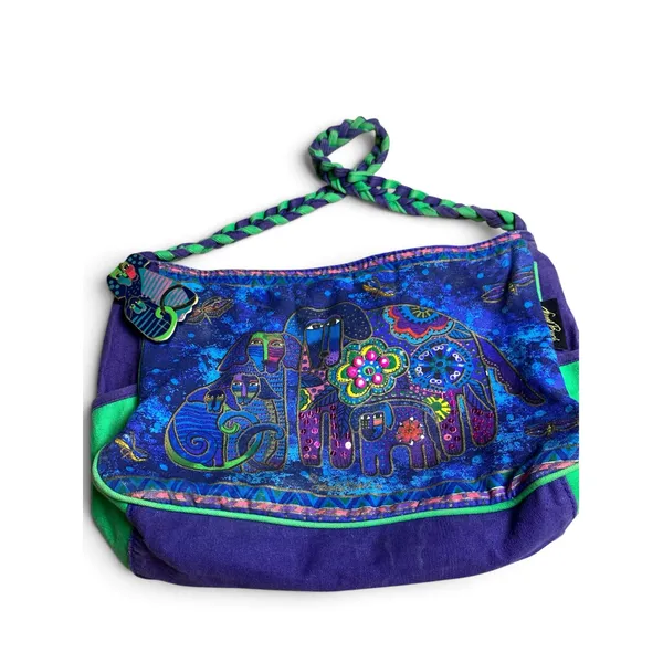 Laurel Burch Shoulder Bag Cats Dogs Purple Green Canvas Art Purse Vintage - Image 2