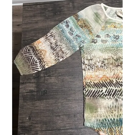 Chicos Boho Top Abstract Tribal Inspired Print Crochet Lace Artsy Size 1 Medium - Image 12