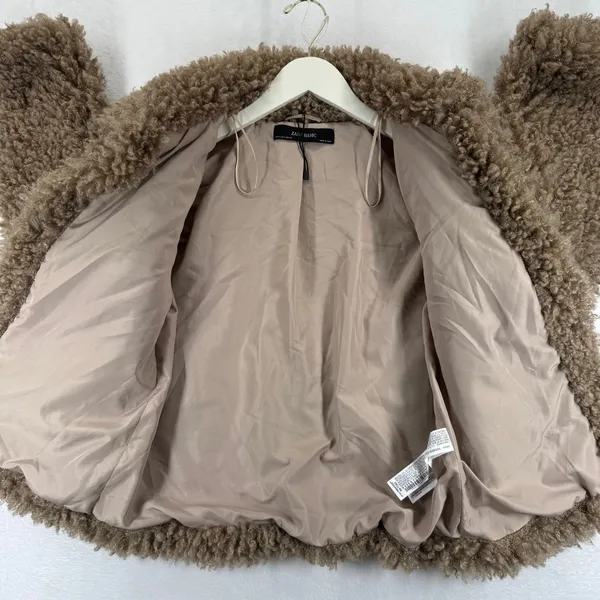 ZARA BASIC Teddy Fleece Jacket Brown Collar Buttons Pockets Women Size‎ S - Image 9