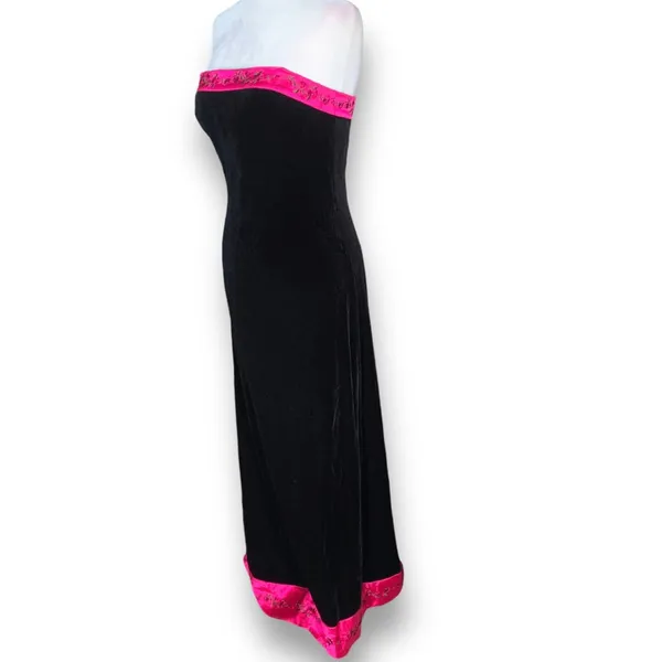 Vintage Dark Romance Velvet Strapless Maxi Dress Black Pink Rose Trim Romantic - Image 7