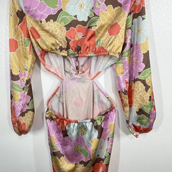 Y.A.S‎ Josephine Long Sleeve Cut Out Maxi Dress Floral Retro Mod Twist Front M - Image 9