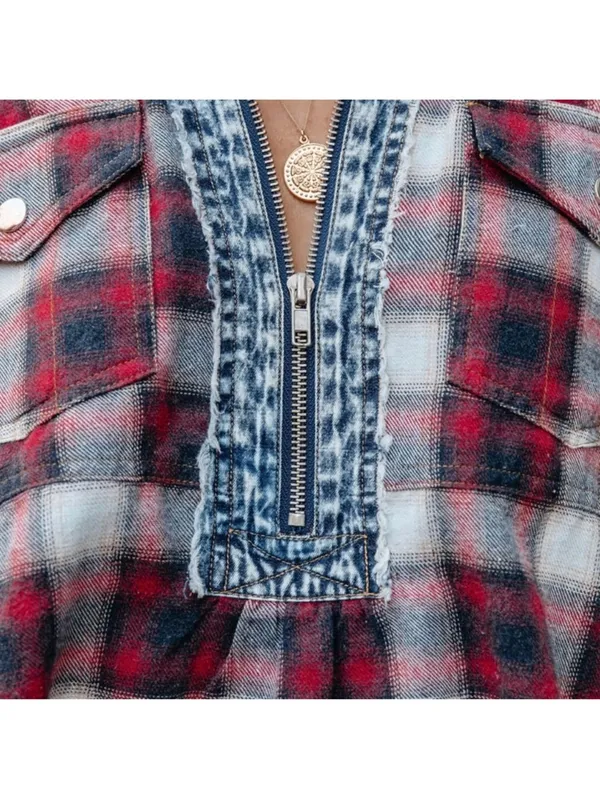 Prómesa plaid denim patchwork quarter zip collared pullover top S - Image 5
