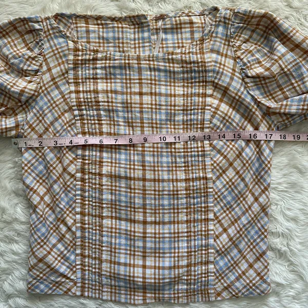 Free People Top Button Back Puff Sleeve Plaid Tan Blue S - Image 8