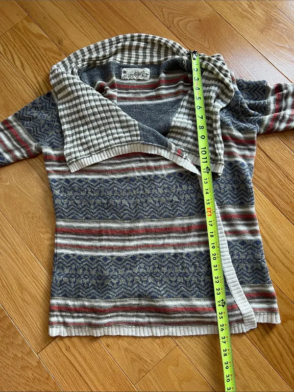 Striped Open-Front Draped Cardigan Sweater - Gray, Red & Cream - Image 6