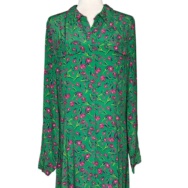 Long Tall Sally Green Button Front Midi Dress US 12 Large Shift Pink Floral - Image 4