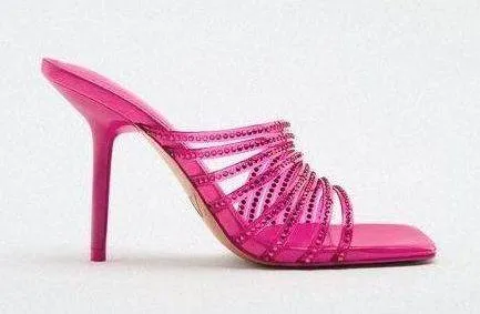 ZARA Hot Pink Rhinestone Embellished Vinyl Sequin Strappy Open Square Toe High Heels Sandals Mules - Image 9