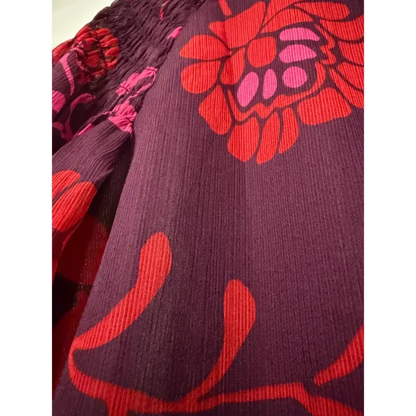 Ann Taylor Plum Red Floral Smocked Mock Neck Blouse Sheer Long‎ Sleeve NWT S - Image 4