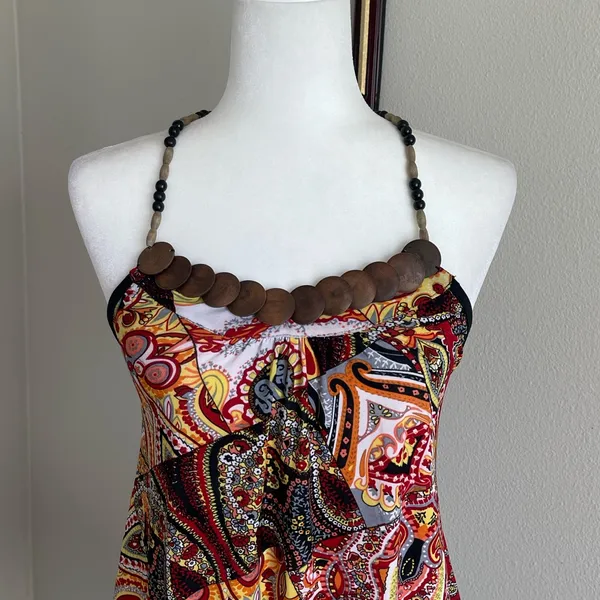 Vintage Colorful Paisley Beaded Halter Dress - Image 2