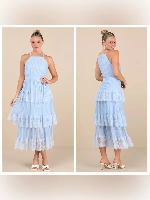 Lulu's Came For Cocktails Light Blue Pleated Tiered Lace Maxi Dress - Image 2