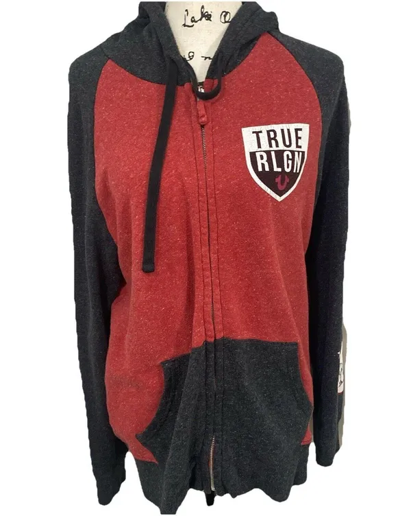 Unisex Raglan True Religion Sz M Red Zip Up Hoodie Sweatshirt - Image 9