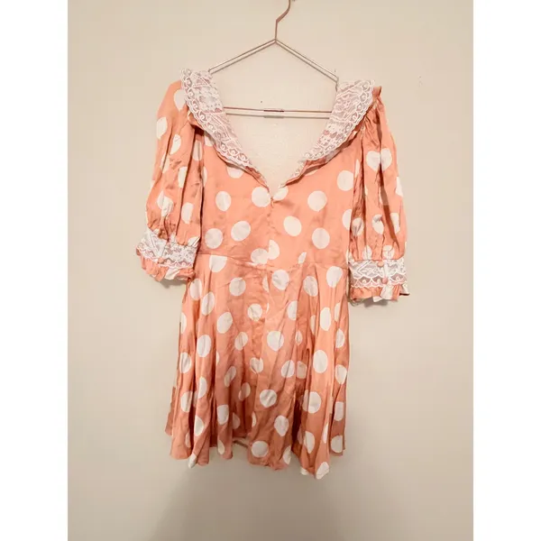 For Love & Lemons‎ Mini Dress Women L Peach Polka Dot CD2932-SP23 Lace Trim New - Image 10
