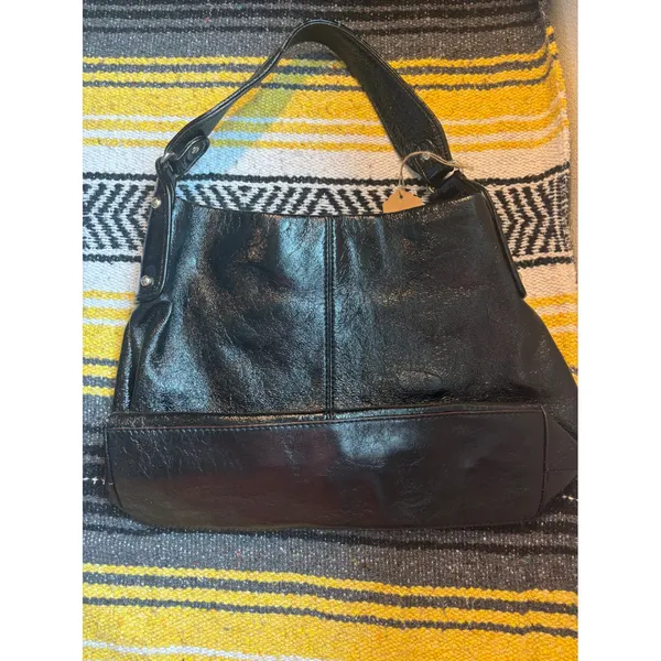 Kate Spade Black Crinkled Patent Leather Hobo Bag‎ Shoulder Bag Stripe Lining - Image 2