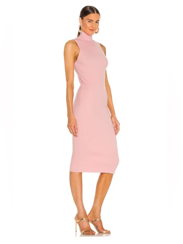 Alice + Olivia Brooklynne Turtleneck Fitted Rib Dress in Blush Pink M - Image 2