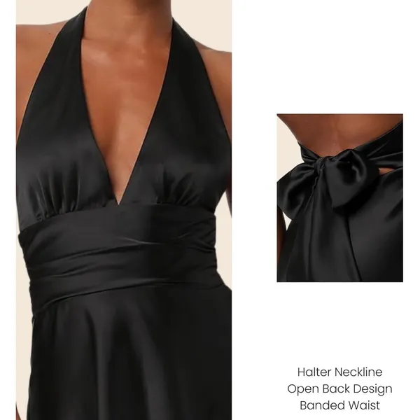 NWT Lulus‎ Darcey Tie Back Mini Dress Black Satin Halter Open Back Skater Medium - Image 4