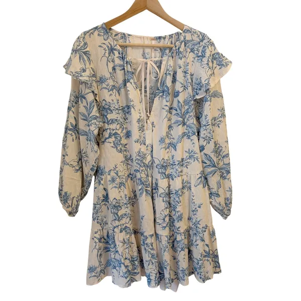 Free People‎ Sunbaked Swing Mini Dress M Cottagecore Tiered Whimsy Floral Toile - Image 2