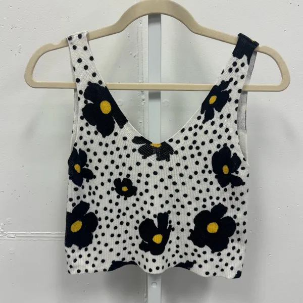 UO Urban Outfitters Floral Polka Dot Ribbed Knit‎ Crop Tank Top Blk White Sm - Image 2