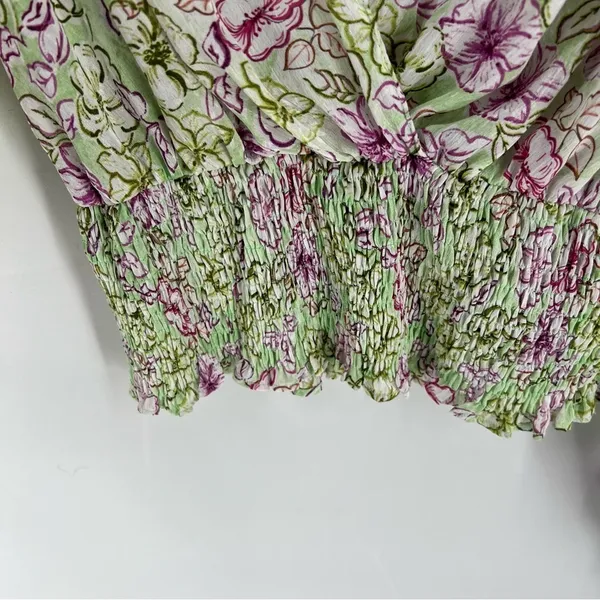 Zara‎ Chiffon Floral Print Surplice Neck V Neck Shirred Waist Peasant Sleeve Top - Image 6