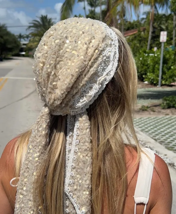 Zara Sequin Lace Pearl sparking Headscarf wrap embroidered festival boho hat - Image 2