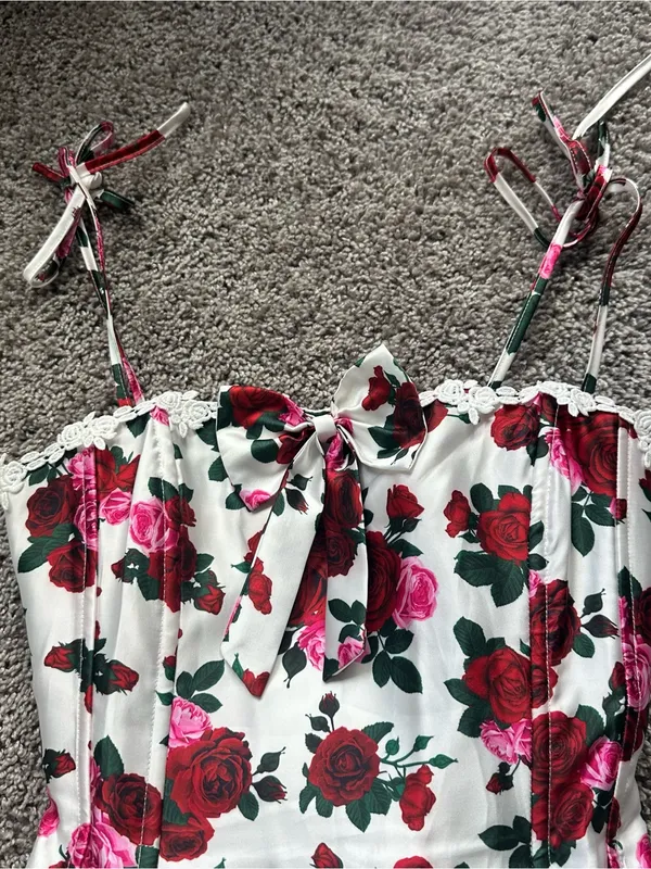 Sugar Thrillz White Floral Rose Mini Dress with Red & Pink Roses - Image 6